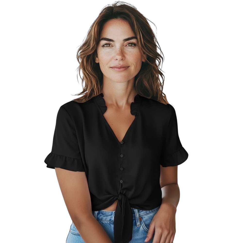 Hers & Mine Black Ruffle Sleeve Tie Front Crop Top Women’s Large Blouse